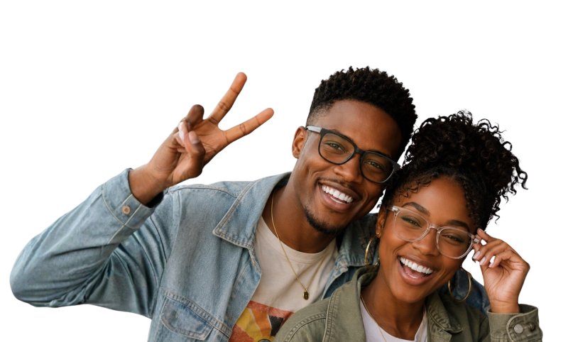 Two smiling people wearing CBEST glasses